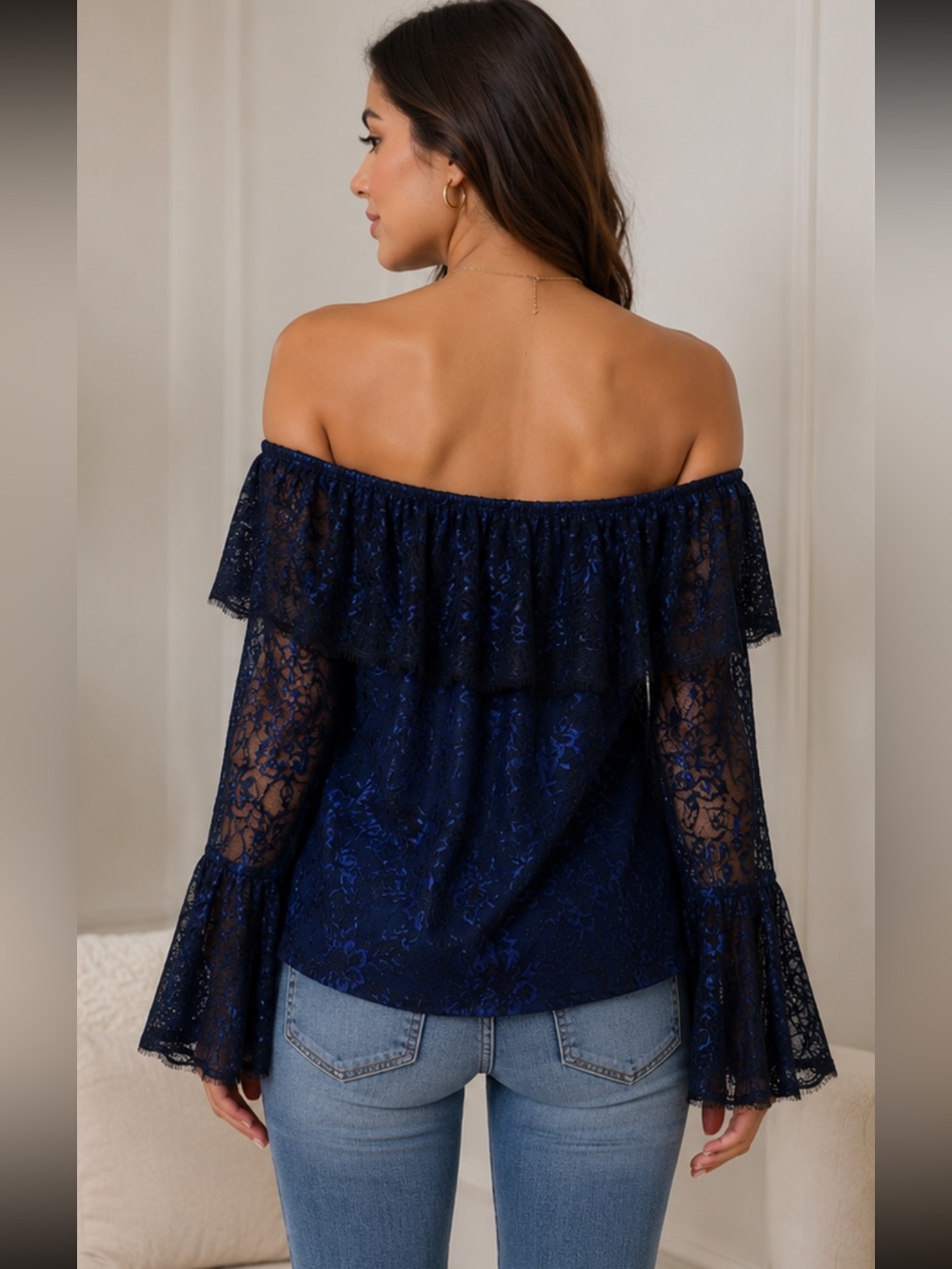 (J1)White House Black Market Off-the-Shoulder Lace and Blue Top 12P,Gothic Style - Picture 2 of 14